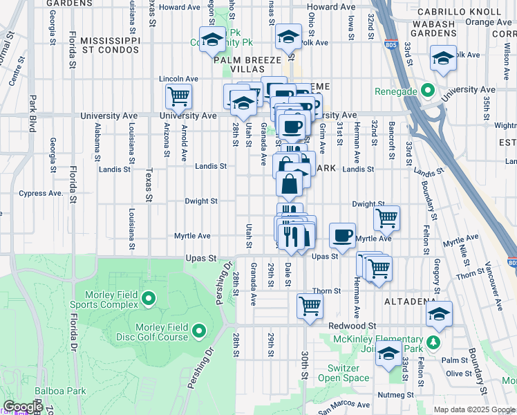 map of restaurants, bars, coffee shops, grocery stores, and more near 3568 Granada Avenue in San Diego
