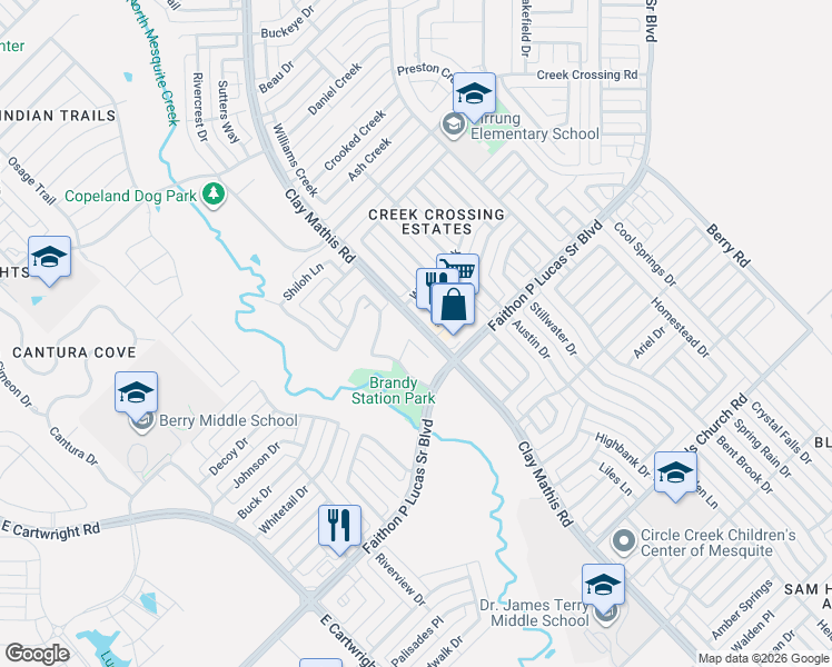 map of restaurants, bars, coffee shops, grocery stores, and more near 2424 Harpers Ferry Court in Mesquite