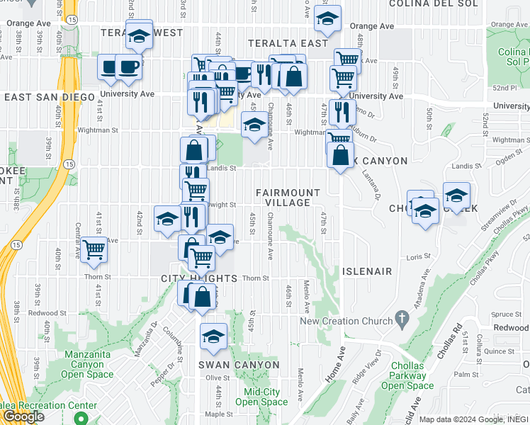 map of restaurants, bars, coffee shops, grocery stores, and more near 3584 Chamoune Avenue in San Diego