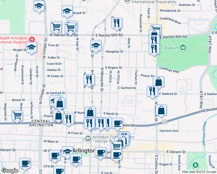 map of restaurants, bars, coffee shops, grocery stores, and more near 507 North Elm Street in Arlington