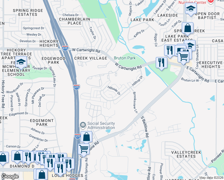 map of restaurants, bars, coffee shops, grocery stores, and more near 1706 Hillcrest Court in Balch Springs
