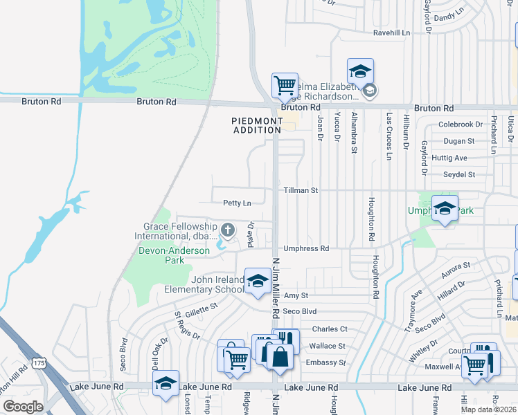 map of restaurants, bars, coffee shops, grocery stores, and more near 7030 Petty Lane in Dallas