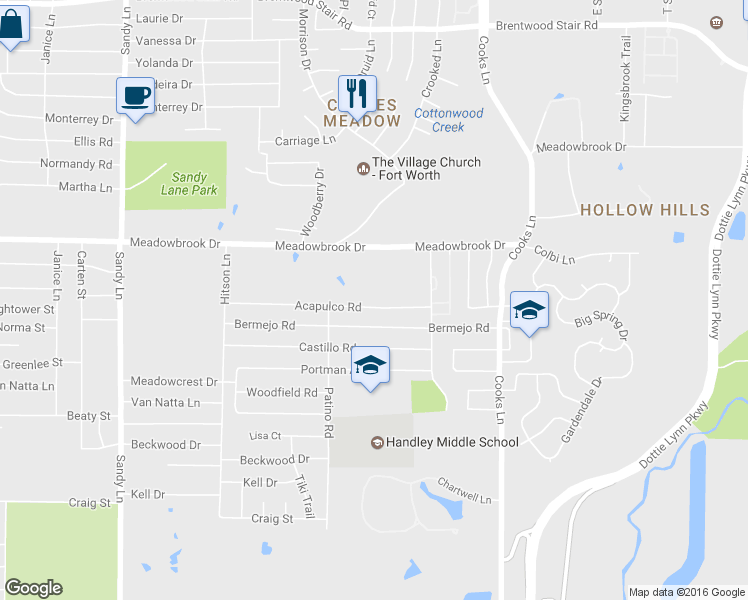 map of restaurants, bars, coffee shops, grocery stores, and more near 7729 Acapulco Road in Fort Worth