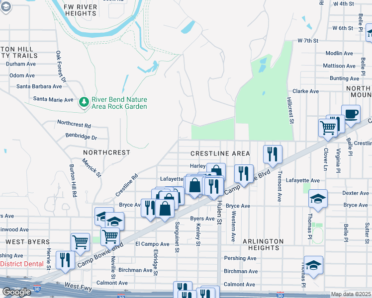 map of restaurants, bars, coffee shops, grocery stores, and more near 4720 Washburn Avenue in Fort Worth