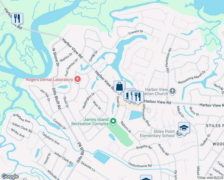 map of restaurants, bars, coffee shops, grocery stores, and more near 1054 Wellington Drive in Charleston