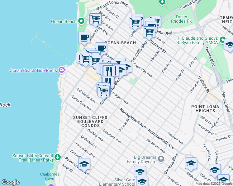 map of restaurants, bars, coffee shops, grocery stores, and more near 4758 Niagara Avenue in San Diego