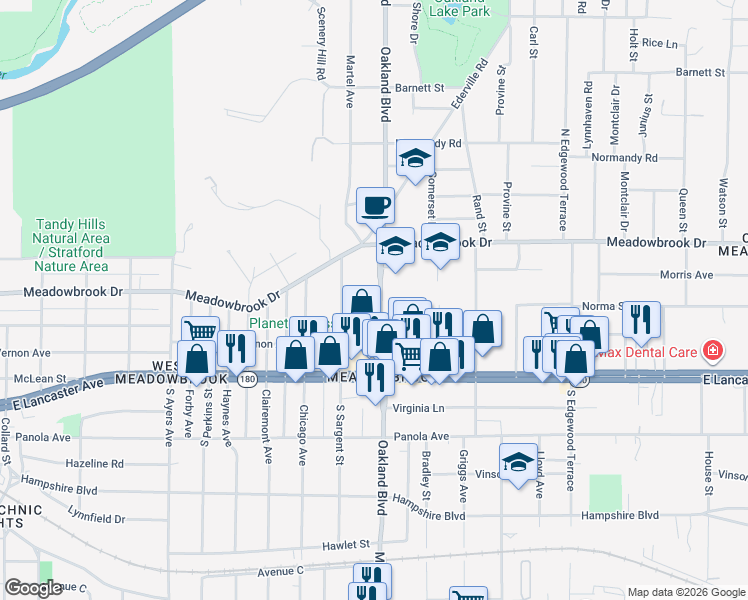 map of restaurants, bars, coffee shops, grocery stores, and more near 2504 Oakland Boulevard in Fort Worth