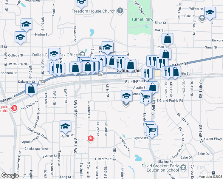 map of restaurants, bars, coffee shops, grocery stores, and more near 310 Southeast Dallas Street in Grand Prairie
