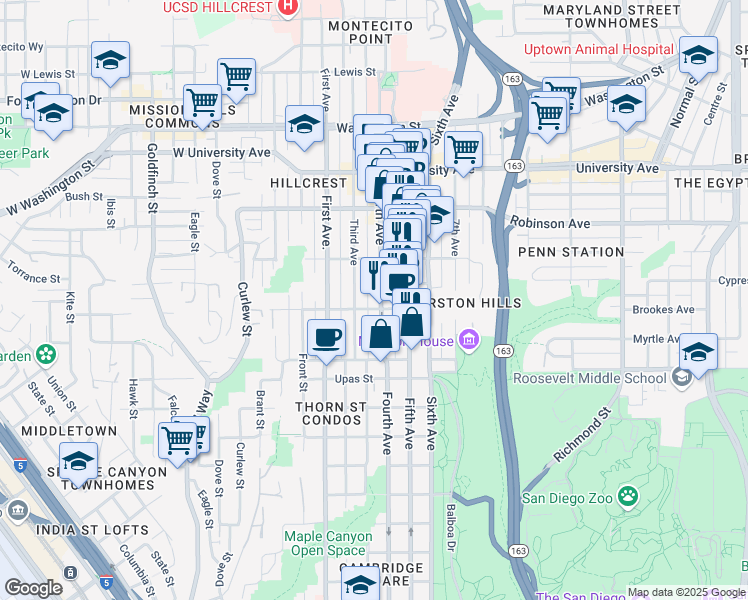 map of restaurants, bars, coffee shops, grocery stores, and more near 3614 Fourth Avenue in San Diego
