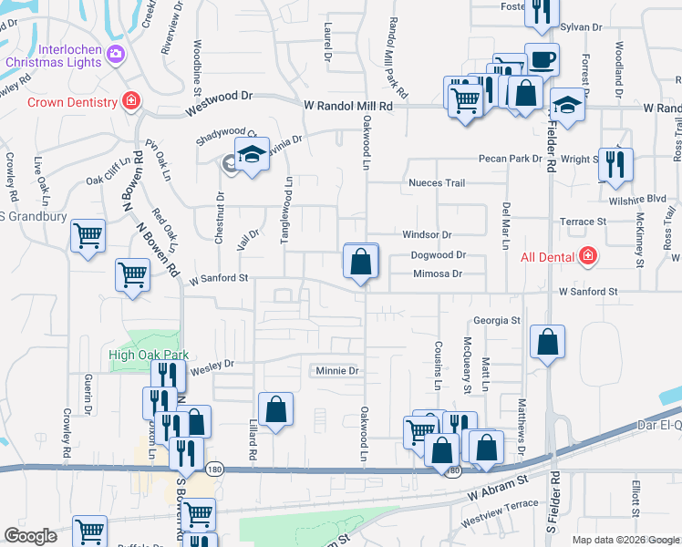 map of restaurants, bars, coffee shops, grocery stores, and more near 2008 Hunter Glade Lane in Arlington