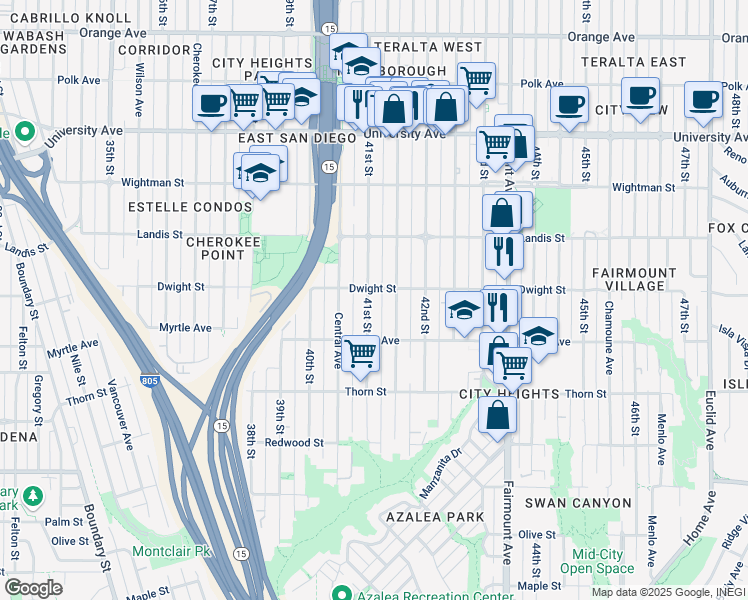map of restaurants, bars, coffee shops, grocery stores, and more near 3573 41st Street in San Diego