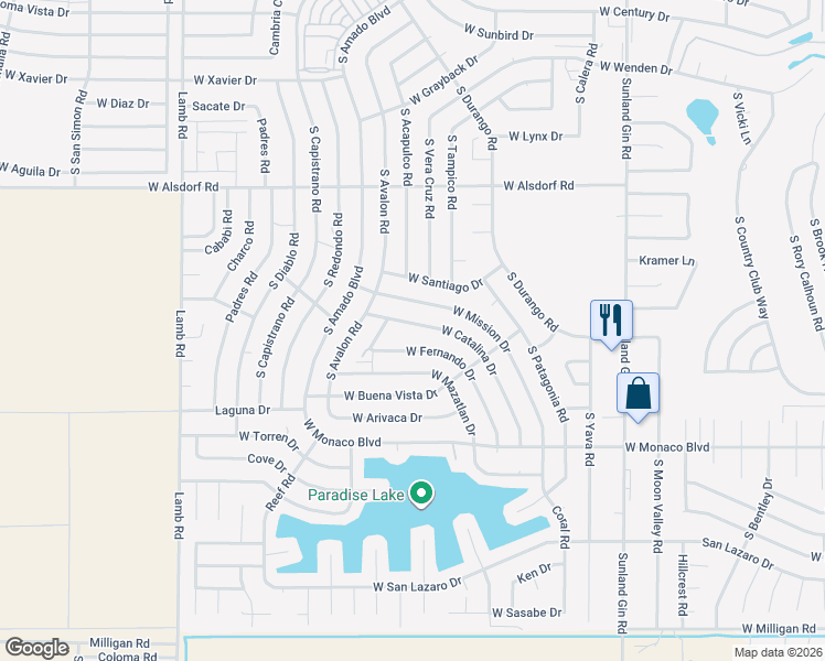 map of restaurants, bars, coffee shops, grocery stores, and more near 10475 West Catalina Drive in Arizona City