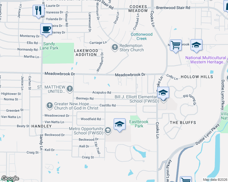 map of restaurants, bars, coffee shops, grocery stores, and more near 7729 Acapulco Road in Fort Worth