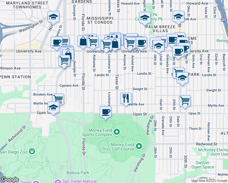map of restaurants, bars, coffee shops, grocery stores, and more near 2323 Dwight Street in San Diego