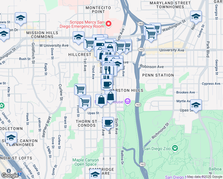 map of restaurants, bars, coffee shops, grocery stores, and more near 3580 Fifth Avenue in San Diego