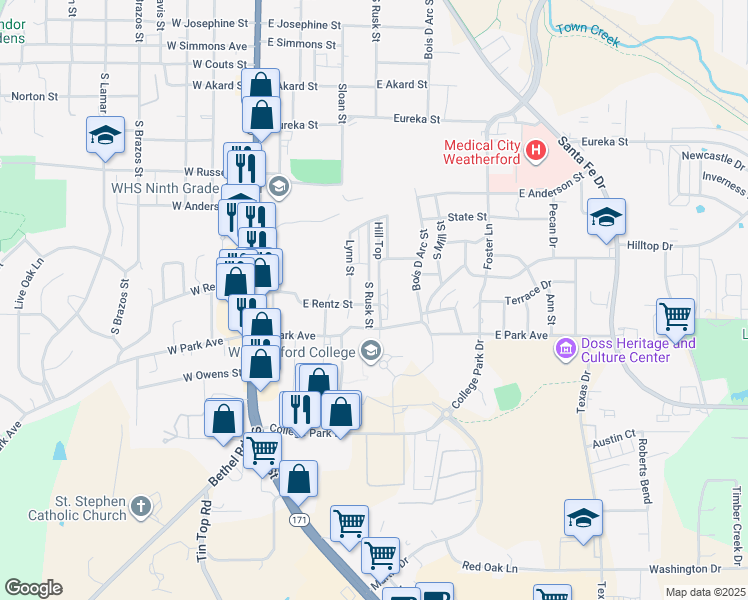 map of restaurants, bars, coffee shops, grocery stores, and more near 1213 South Rusk Street in Weatherford