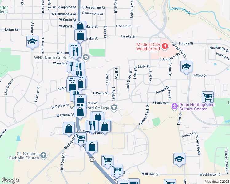 map of restaurants, bars, coffee shops, grocery stores, and more near 1213 South Rusk Street in Weatherford
