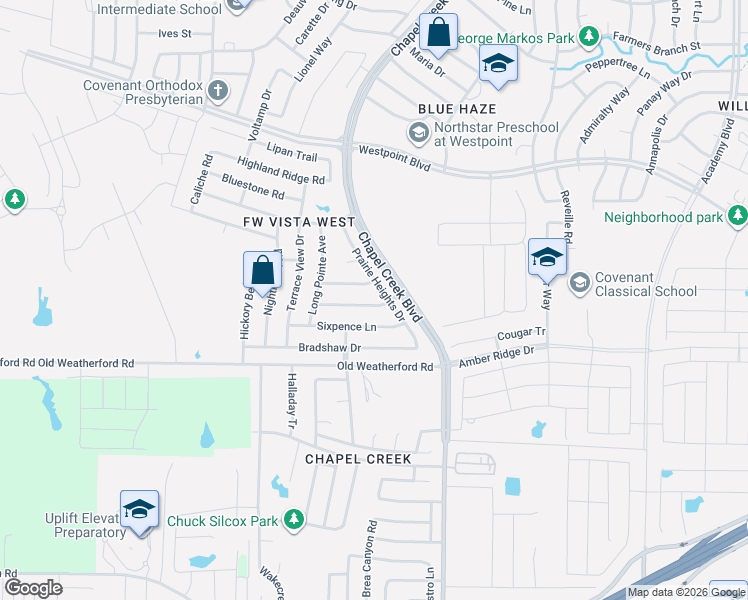 map of restaurants, bars, coffee shops, grocery stores, and more near 10412 Unity Drive in Fort Worth