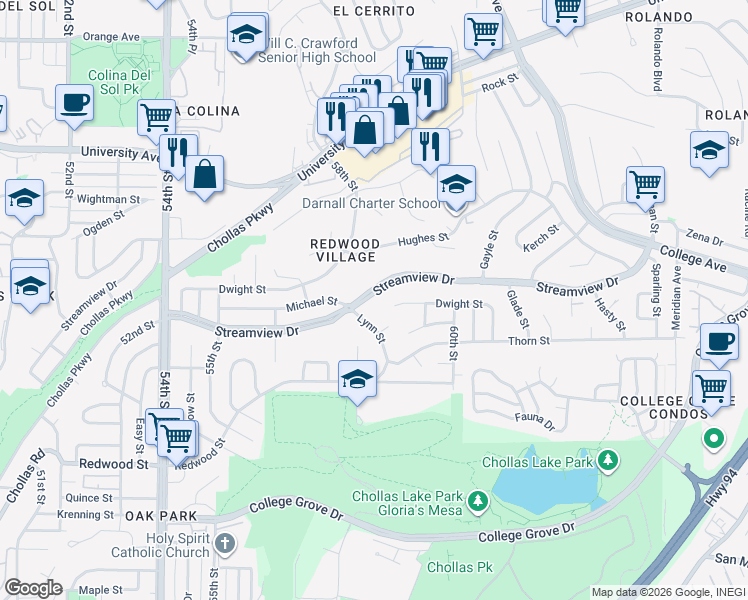 map of restaurants, bars, coffee shops, grocery stores, and more near 5829 Streamview Drive in San Diego