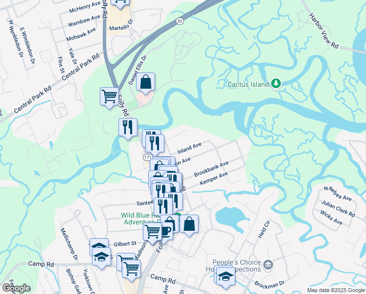 map of restaurants, bars, coffee shops, grocery stores, and more near 1535 Inland Avenue in Charleston