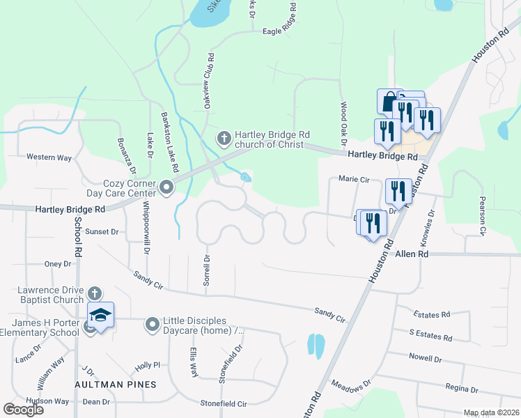 map of restaurants, bars, coffee shops, grocery stores, and more near 3291 Bridgewood Drive in Macon