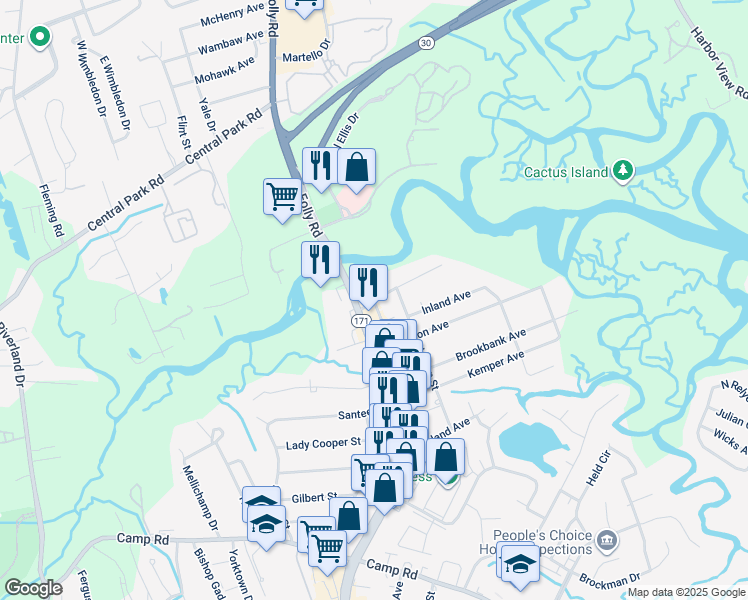 map of restaurants, bars, coffee shops, grocery stores, and more near 1678 Hunley Avenue in Charleston
