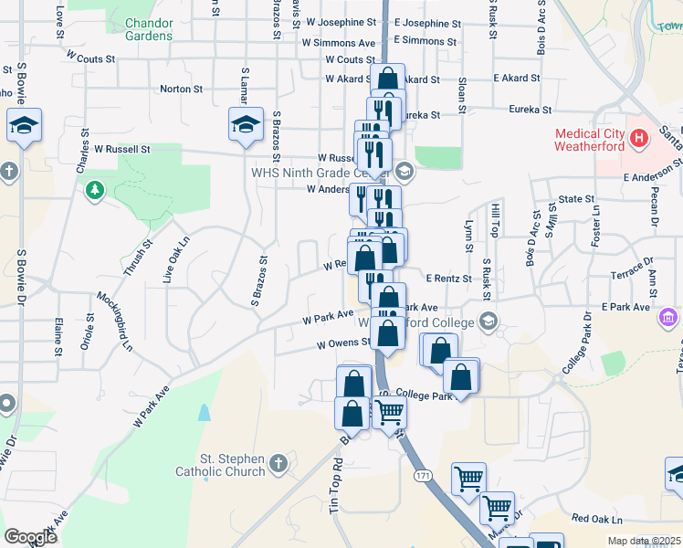 map of restaurants, bars, coffee shops, grocery stores, and more near 200 South Waco Street in Weatherford