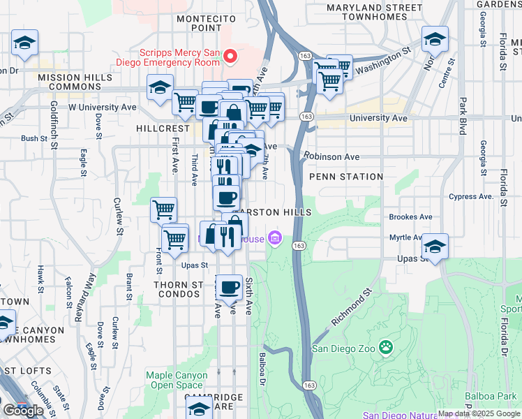 map of restaurants, bars, coffee shops, grocery stores, and more near 3642 Sixth Avenue in San Diego