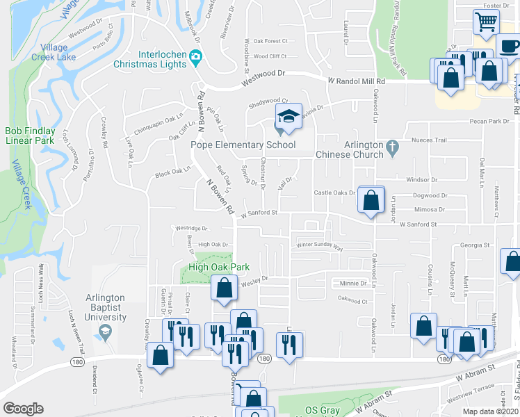 map of restaurants, bars, coffee shops, grocery stores, and more near 700 Chestnut Drive in Arlington