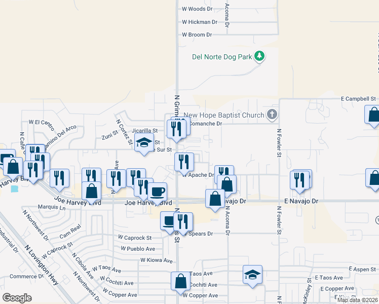 map of restaurants, bars, coffee shops, grocery stores, and more near 16 Stonecrest Court in Hobbs