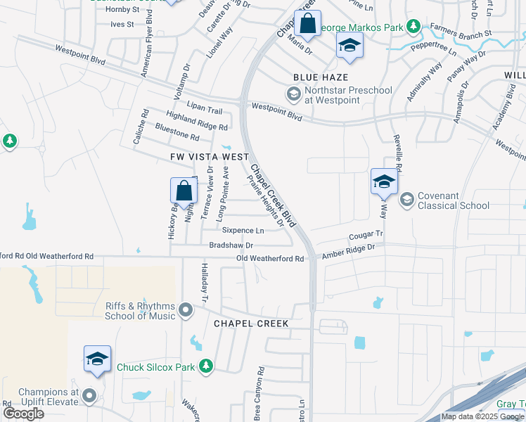 map of restaurants, bars, coffee shops, grocery stores, and more near 10412 Unity Drive in Fort Worth