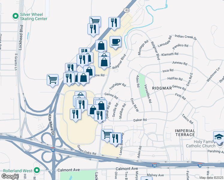 map of restaurants, bars, coffee shops, grocery stores, and more near 1605 Trafalgar Road in Fort Worth