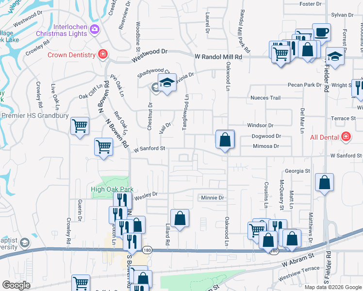 map of restaurants, bars, coffee shops, grocery stores, and more near 700 Tanglewood Lane in Arlington