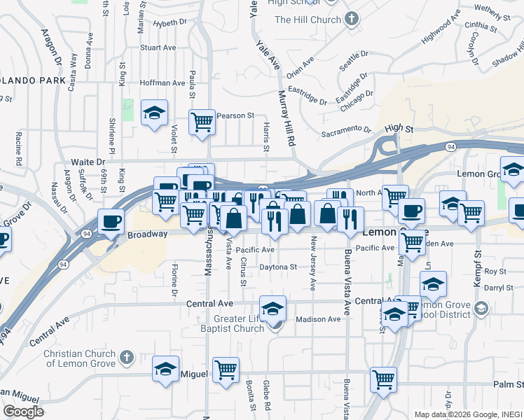 map of restaurants, bars, coffee shops, grocery stores, and more near 3463 Harris Street in Lemon Grove
