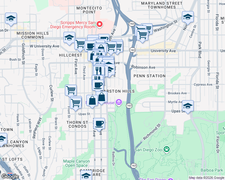 map of restaurants, bars, coffee shops, grocery stores, and more near 3635 7th Avenue in San Diego