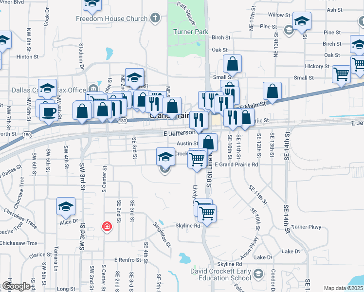 map of restaurants, bars, coffee shops, grocery stores, and more near 513 Austin Street in Grand Prairie