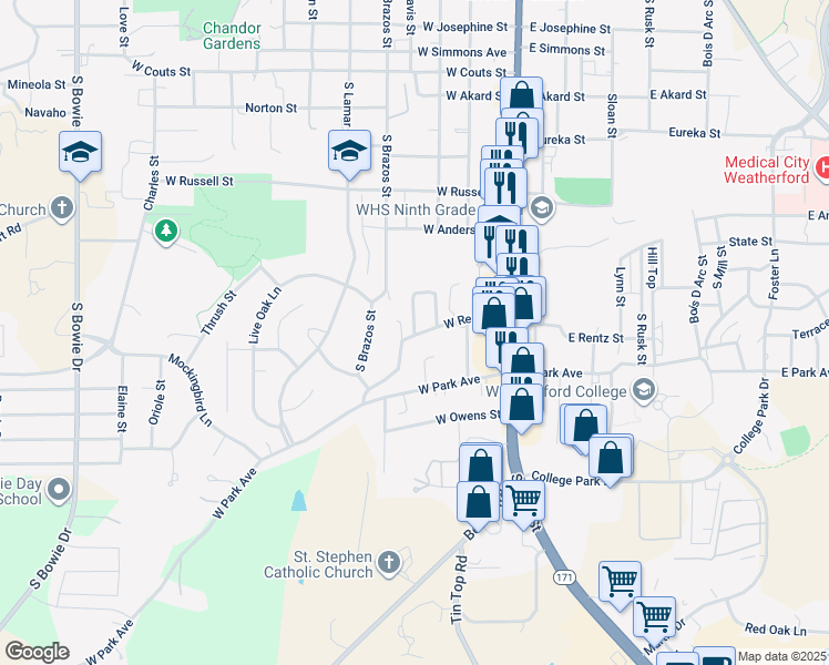 map of restaurants, bars, coffee shops, grocery stores, and more near 244 Rentz Place Circle in Weatherford