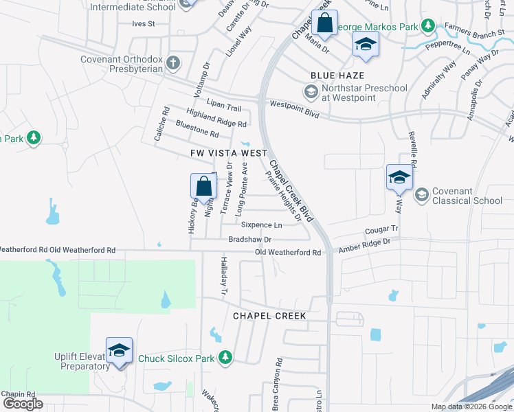 map of restaurants, bars, coffee shops, grocery stores, and more near 10504 Unity Drive in Fort Worth