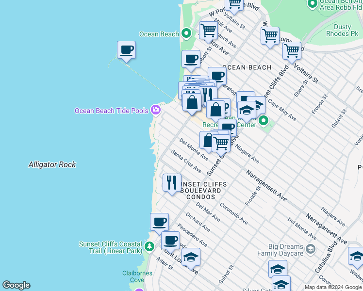 map of restaurants, bars, coffee shops, grocery stores, and more near 4957 Del Monte Avenue in San Diego