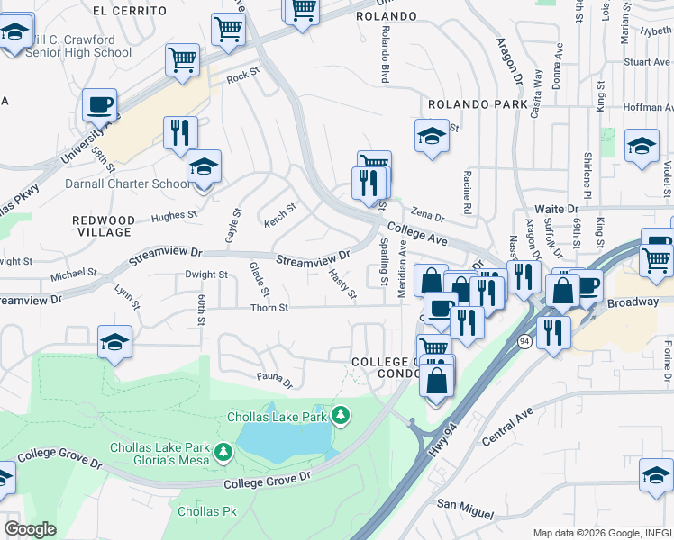 map of restaurants, bars, coffee shops, grocery stores, and more near 3451 Hasty Street in San Diego