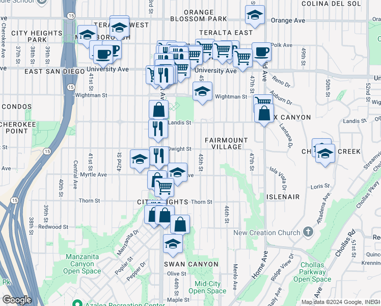 map of restaurants, bars, coffee shops, grocery stores, and more near 3576 Highland Avenue in San Diego