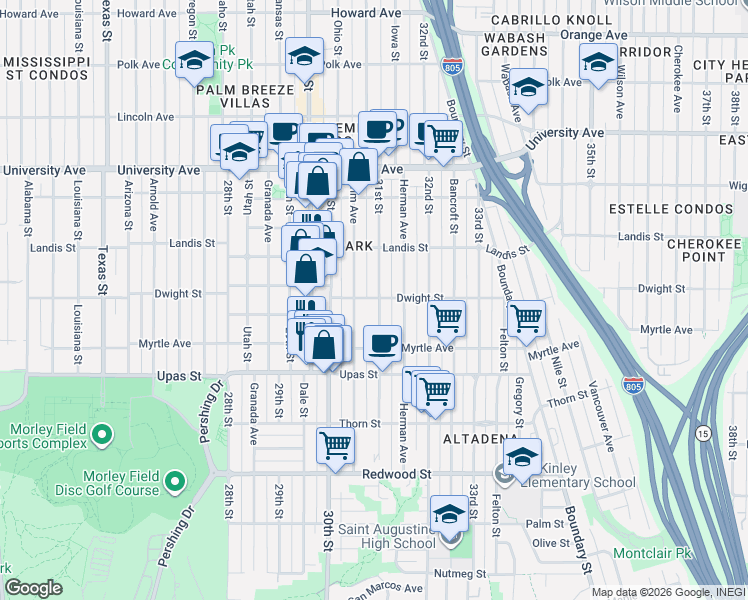 map of restaurants, bars, coffee shops, grocery stores, and more near 3586 31st Street in San Diego