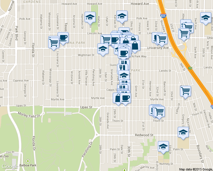 map of restaurants, bars, coffee shops, grocery stores, and more near 3568 Granada Avenue in San Diego