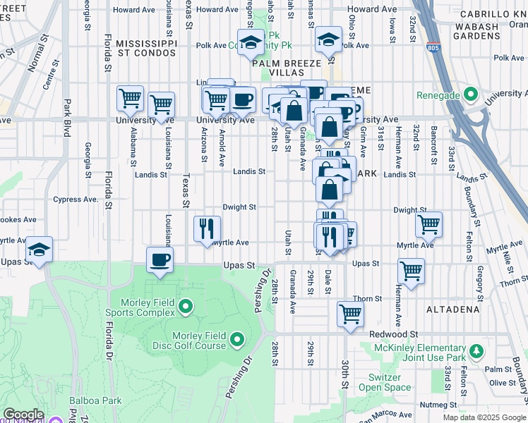 map of restaurants, bars, coffee shops, grocery stores, and more near 3578 Pershing Avenue in San Diego