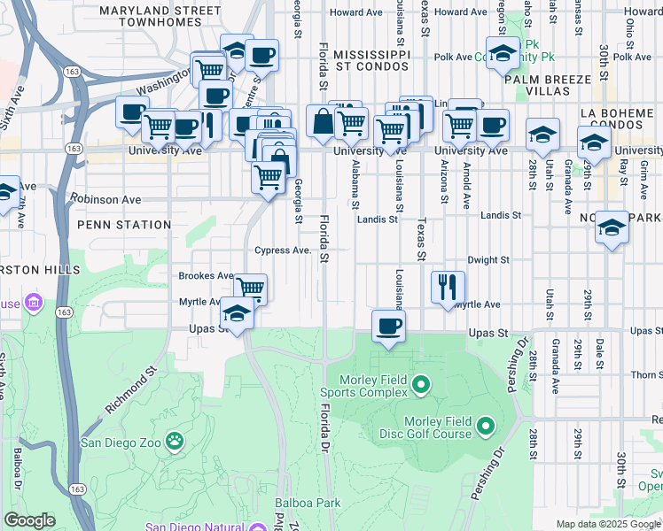 map of restaurants, bars, coffee shops, grocery stores, and more near 3606 Florida Street in San Diego