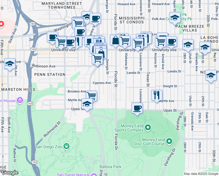 map of restaurants, bars, coffee shops, grocery stores, and more near 3606 Florida Street in San Diego