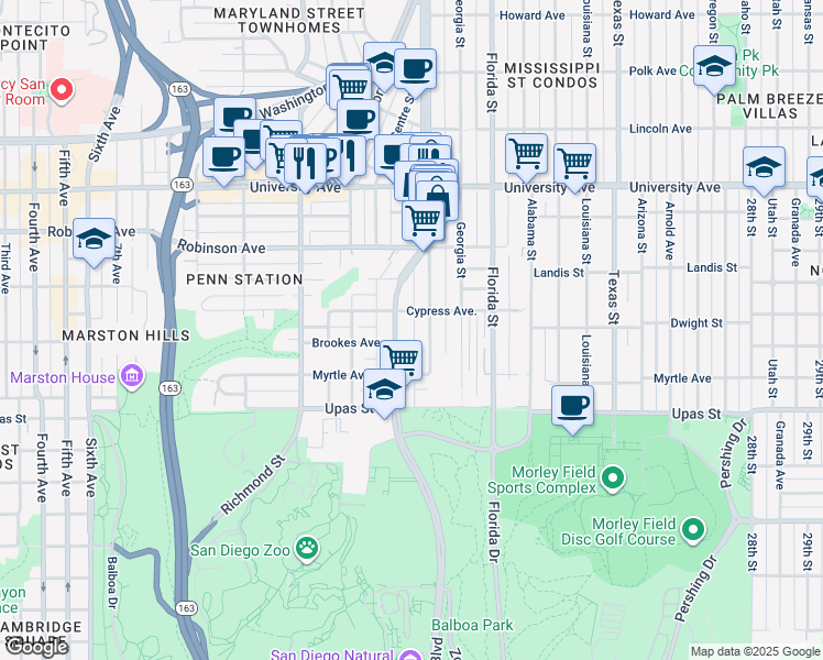 map of restaurants, bars, coffee shops, grocery stores, and more near 3611 Park Boulevard in San Diego