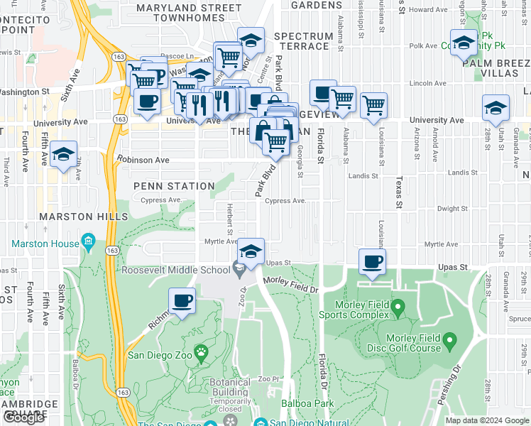 map of restaurants, bars, coffee shops, grocery stores, and more near 3611 Park Boulevard in San Diego