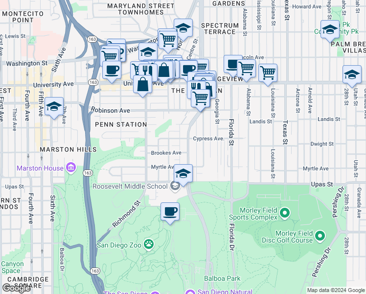 map of restaurants, bars, coffee shops, grocery stores, and more near 1624 Brookes Avenue in San Diego