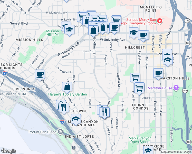 map of restaurants, bars, coffee shops, grocery stores, and more near 3613 Reynard Way in San Diego